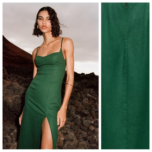 Zara Dresses & Skirts - NWT. Zara Green Linen Blend Strappy Midi Dress. Size M.